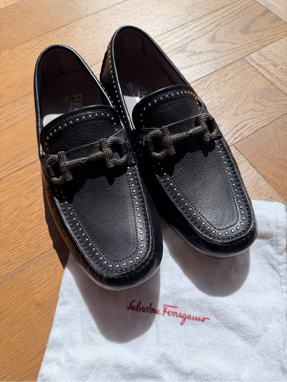 Salvatore Ferragamo Black Leather Stud-Trim Bit Loafers